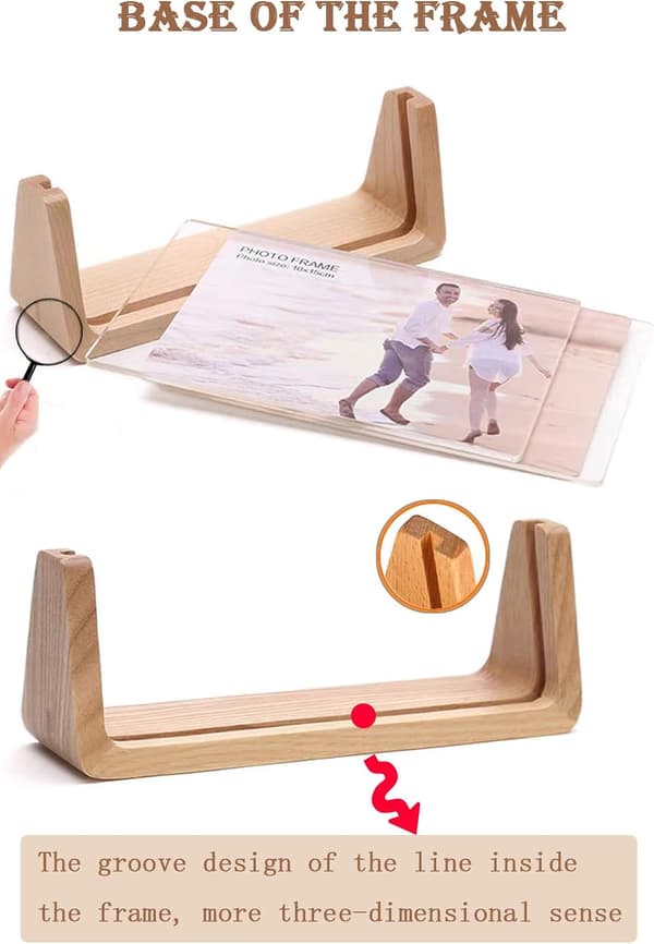 Rustic Photo Frame, Solid Wood Base Frame, Freestanding Frame with Clear Acrylic Panel for Table Decoration and Desk Display (U-shaped)