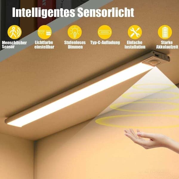 30 cm LED-garderobslampe med bevegelsessensor, trådløs lyslist 6000K USB-oppladbar, 3 lysmoduser, 2-pakning