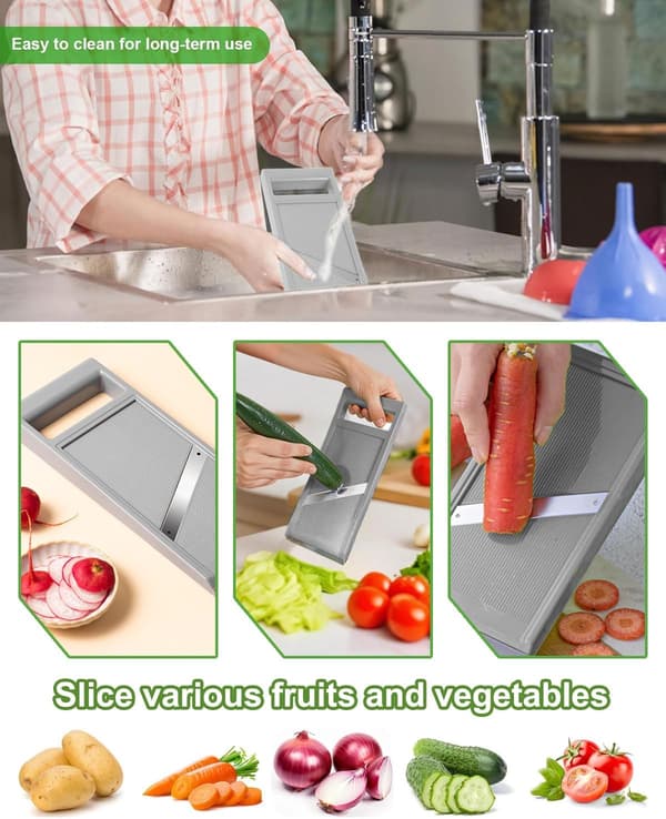 Adjustable Mandoline Slicer, Portable Stainless Steel Vegetable Slicer, Kitchen Mandoline with Ergonomic Handle - Grey
