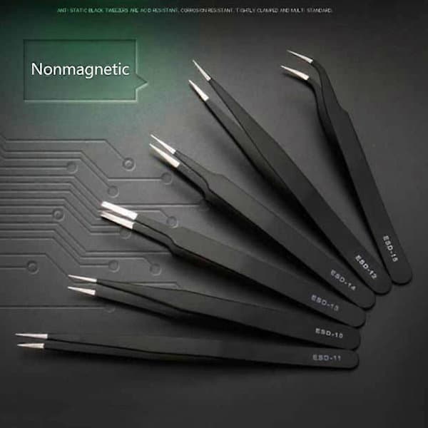 Antistatisk pincet, sort pincet, ikke-magnetisk, rustfrit stål, spidse ender
