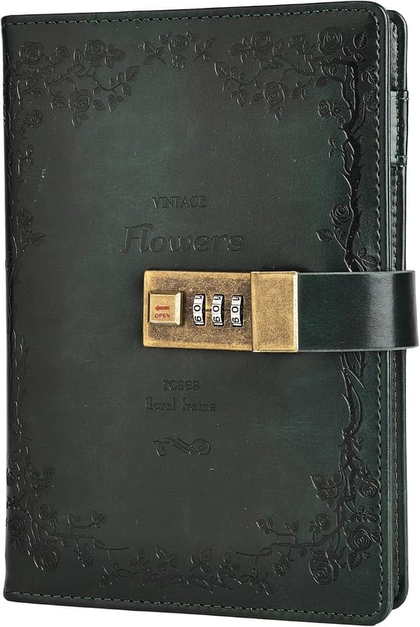 Floral Leather Journal with Lock Writing Diary Notebook Combination Password Lined Refillable Paper 200 X 140 Mm (Green) Green Green