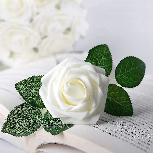 50 stk. Kunstige Blomster, Beige Roser Real Touch Skum Falske Bulk Med Stilk Kompatibel Med Bryllupsbuketter Diy D