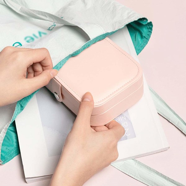 （Rosa）Mini smyckeskrin i syntetiskt läder Klockorganisatör Halsband Ring Örhänge Förvaring Låsbar Presentask