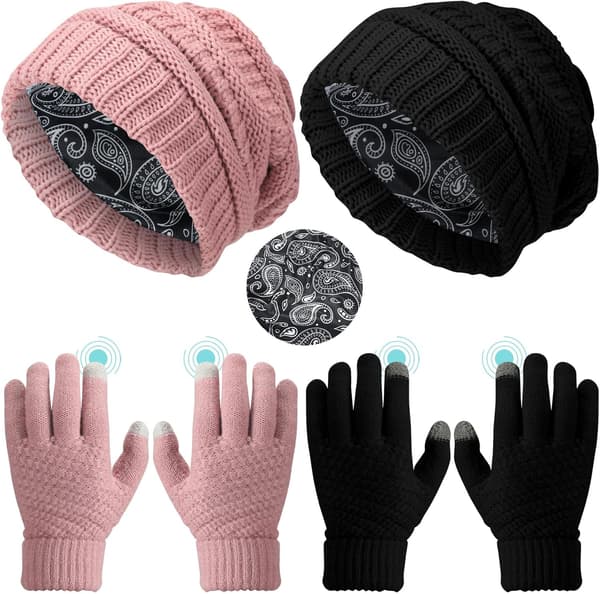4 Stykker Dame Satinforet Hue Handsker Sæt Strikket Slouchy Vinterhuer Skull Cap Varm Touchscreen Sort, Pink