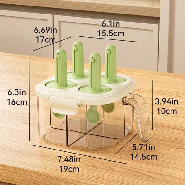 Spice Box with 4 Compartments with Lid and Spoons — Transparent Container for Spices / Kitchen Spice Jar (for Salt, Sugar, Pepper) — Green