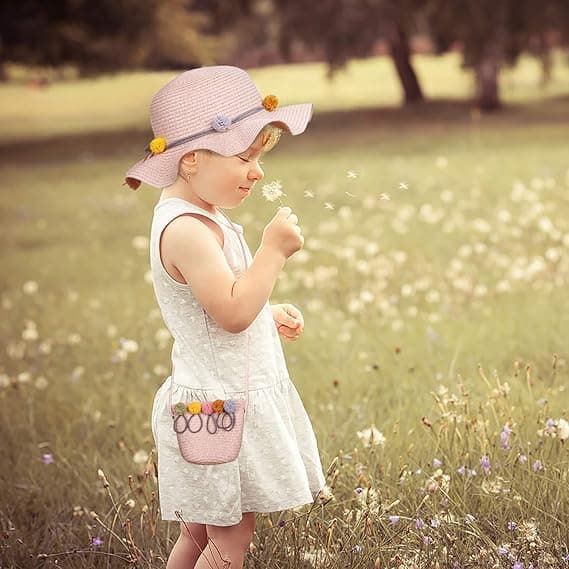 Pink solhat til piger 2-8 år, børns sommer stråhatte og lille taskesæt med blomsterdekoration til strandrejser og vandreture
