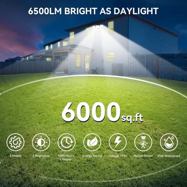 65W LED Solar Security Light Motion Detector Floodlight Outdoor, 6500LM, IP65 Waterproof, 6500K – Adjustable 3-Head Floodlight with Motion Detector