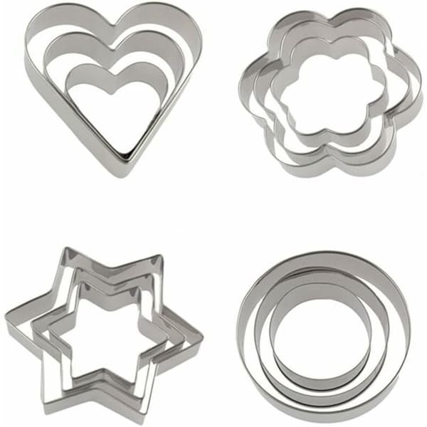 Sett med 12 kakeformer, metallkakeformer, kakeform i rustfritt stål, fondantkake, hjerte, stjerne, sirkel, blomst -