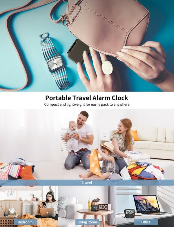 Travel Alarm Clock: 2-Level Backlight, 2 Volumes, 12/24 Hours, Calendar, Temperature, Weekend Mode, Snooze, Foldable Cover, Small Battery-Powered Di