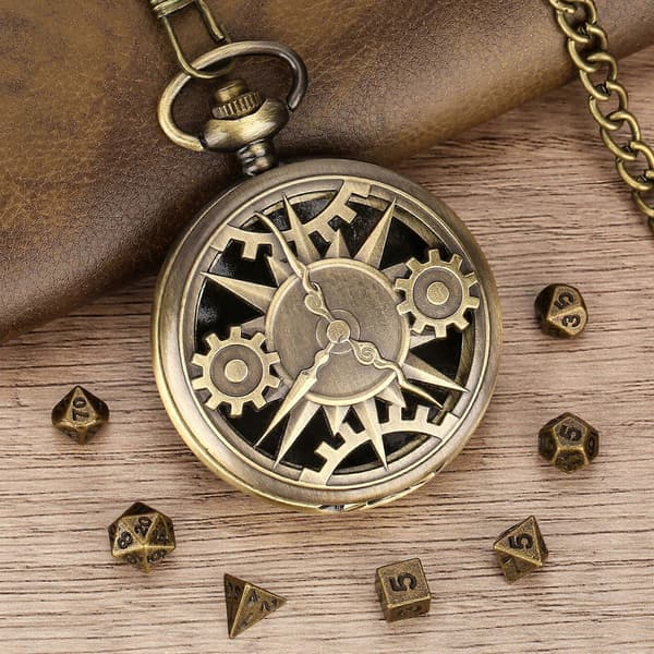 Mini DND Terningesæt med Terningesæt, 7 Polyhedrale Metalterninger, Steampunk Stil Ur, Bronze