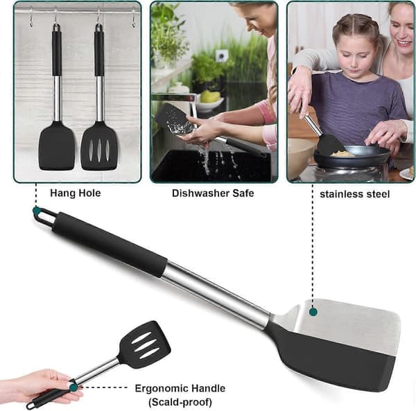 Silicone Spatula, 2-pack, Spatula/Non-stick Kitchen Spatula Ideal for Fish, Eggs, Pancakes, Heat Resistant and Dishwasher Safe, Black