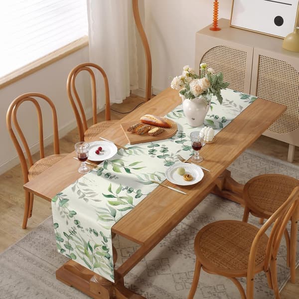 Eucalyptus Leaf Summer Table Runner Sage Green Tablecloth Cotton Linen Seasonal Table Runner, 33x183cm