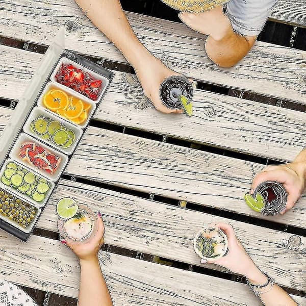 Mat- och krydddispenser för bardisk: 6-facks garnityrstation med lock för bartending och servering