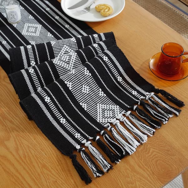 Black Boho Table Runner with Tassels 34 x 183cm, Cotton Linen Woven Farmhouse Table Runner Bohemian Dining Table Runner