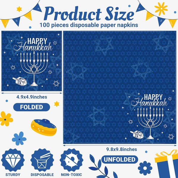 100 stk. Hanukkah-servietter Engangs papircocktail, blå sølv