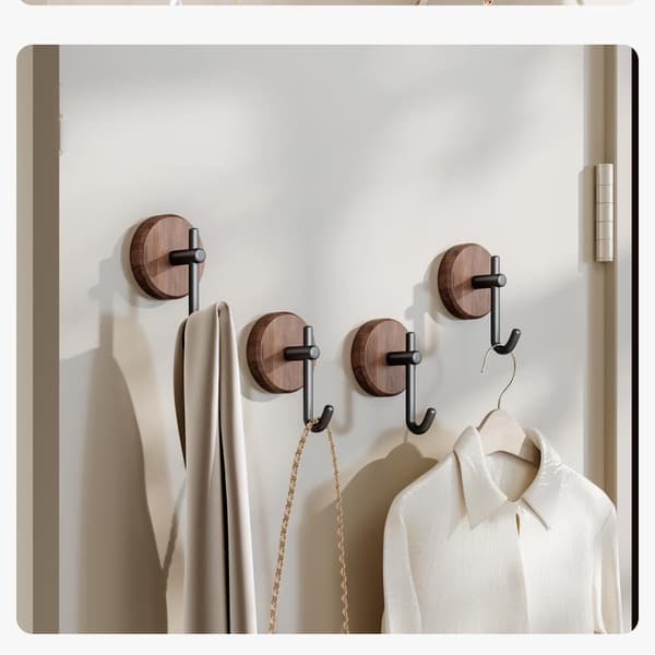 Self-Adhesive Wooden Hooks for Wall, 4-Pack Farmhouse Decor Natural Dark Walnut Hooks