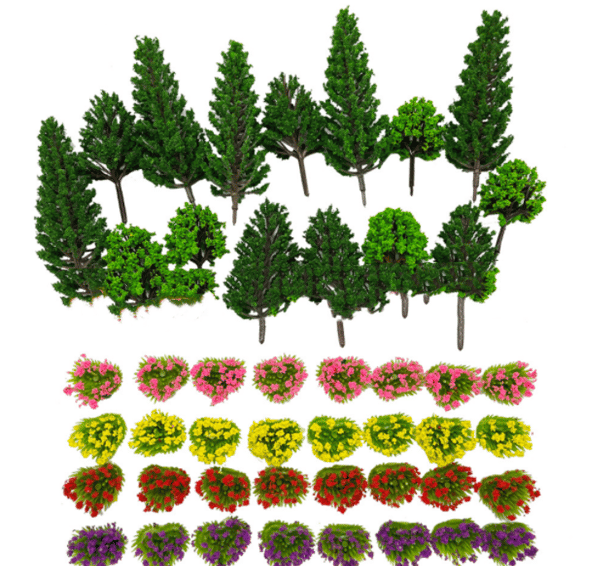 47-pak assorterede minitræer, 3D-modeltilbehør, minitoglandskab