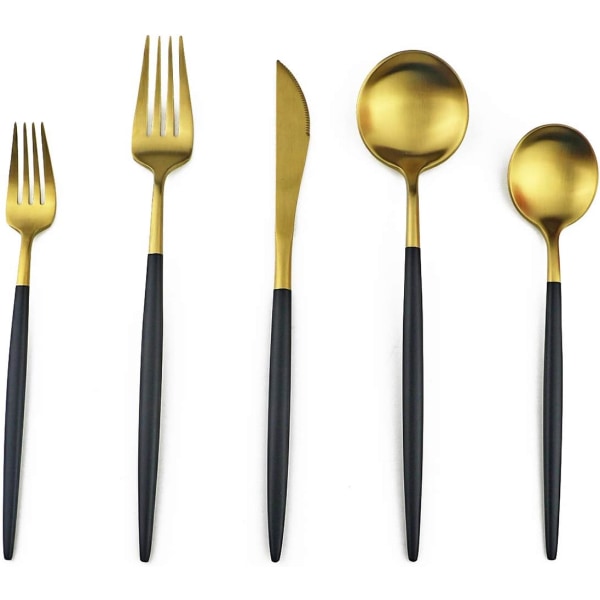Svart guld bestick, 5-delars set med matt svart handtag i 18/10 rostfritt stål för 1 person, inklusive resebestick (Svart guld)