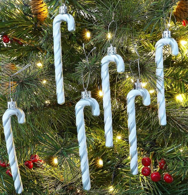 Christmas Decorations 6 pcs - 13 cm Glitter Candy Cane Christmas Tree Decorations (Ice Blue & White)