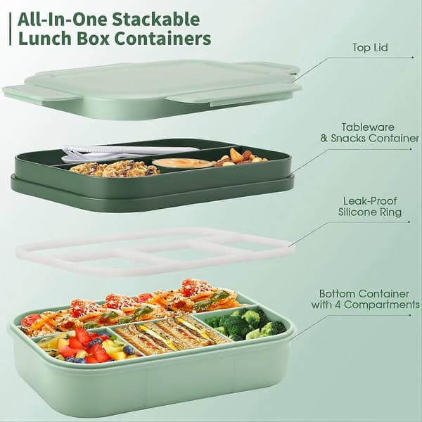 Bento Box Lunch Boxes, 2000ml Large Bento Lunch Box for Adults Kids, Stackable Japanese Lunch Box with 8 Compartments, Leakproof Meal Prep (Green)