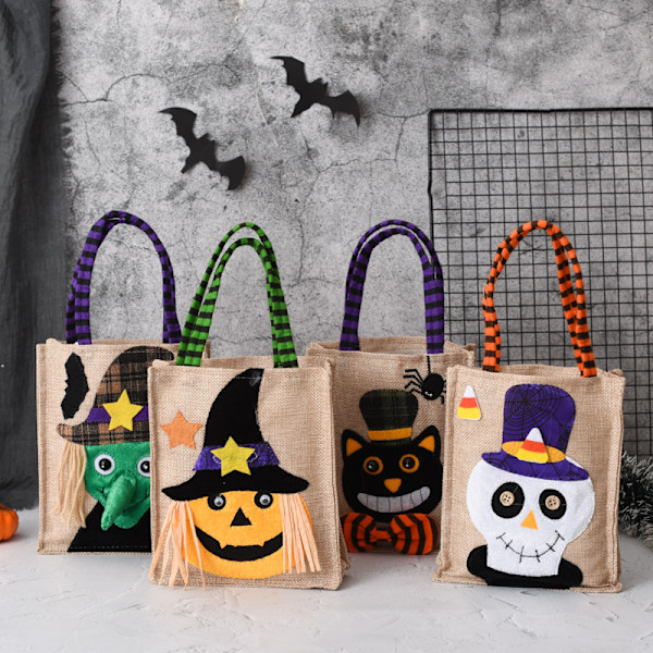 4 stk Godteripose Triks eller Behandlingposer Halloween Gresskar Tote Bag Barnefest Kles Opp Linstoff Gresskar Mønster Godteripose