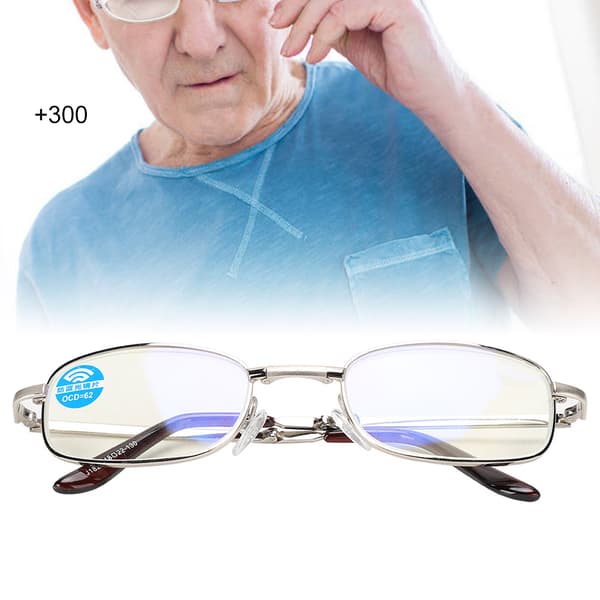 Folding Anti Blue Rays Presbyopic Glasses Metal Visual Fatigue Relief Reading Glasses (+300 Silver Frame)
