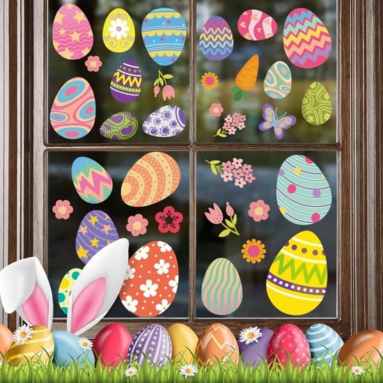 Window Stickers-Easter Decoration-Kids Window Stickers-70 Reusable Easter Egg Window Stickers-4 Sheets Double-Sided Easter Window Clings