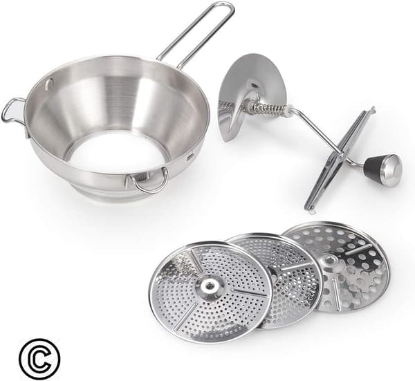 Rotating Food Mill with Potato Ricer Attachment, Equipped with 3 Interchangeable Discs, Suitable for Making Vegetable Purees or Soups.