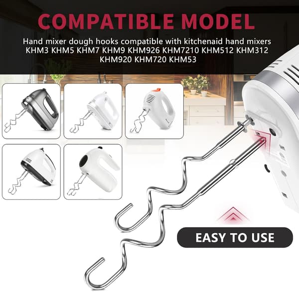 Ny dejkrog til håndmixer, erstatning for Kitchenaid håndmixer dejkroge KHM512, dejkroge i rustfrit stål egnet til KHM 5KSM KSM KSMO