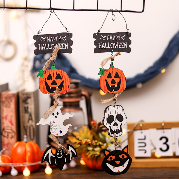 2 stk Spøgelses Halloween Hængende Pynt med Kvaster, Rustik Træperle Girlander til Lagdelt Bakke Væghæng