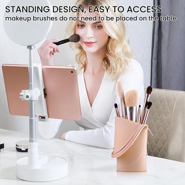 (Khaki) 1 pc Makeup Brush Holder Silicone Makeup Brush Storage Box Travel Makeup Brush Bag Makeup Bru