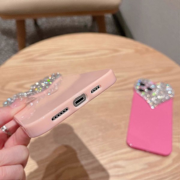 Sødt iPhone 13-cover 3D Glitter Sparkle Bling-cover til kvinder og piger, smuk strassdiamant sød æstetisk hjerte perler blød TPU-kofanger