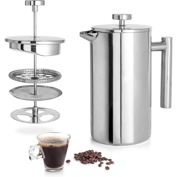 Fransk Presse Kaffemaker i Rustfritt Stål 27 Oz 800 ml, Dobbelvegget Metallisolasjon Kaffe Presse & Te Brygger Enkelt å Rengjøre & Enkelt