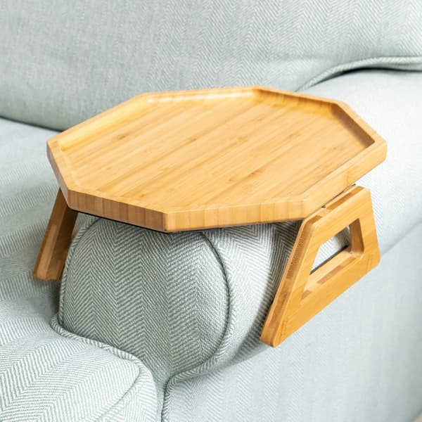 Bambus sofabord til armlæn, Clip On bakke sofabord til sofaer. Sofaarmbakke