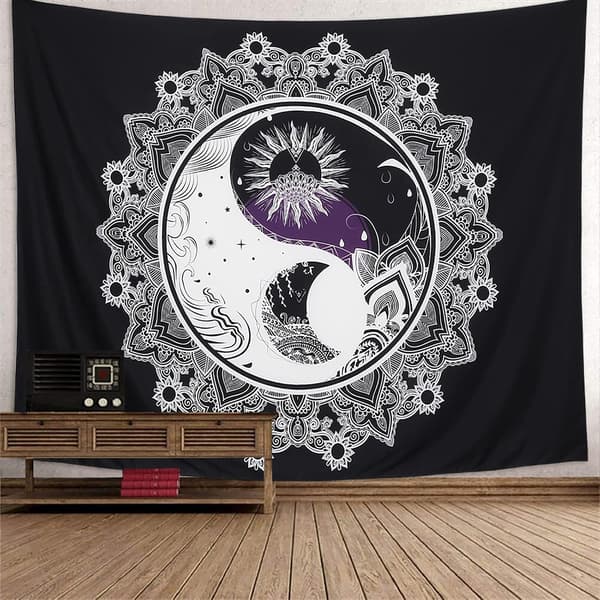 Psykedelisk sol och måne gobeläng väggbonad yin yang H