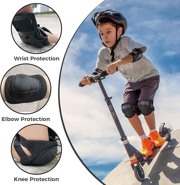Knæ- og albuebeskyttere til børn/unge 3-9 år (sort, 6-pak), velegnet til rulleskøjter, cykel, inline skateboard, scooter ri