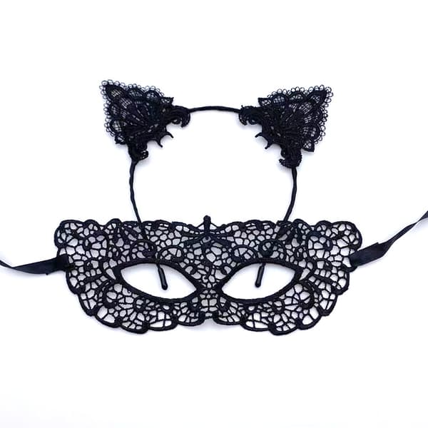 3#(Svart) Halloween-halvmask för kvinnor i spets med kattöron-hårband C