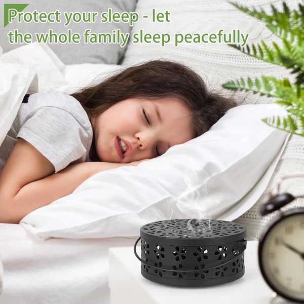 Retro Portable Iron Mosquito Coil Holder with Handle Round Fireproof Incense Holder (Black)