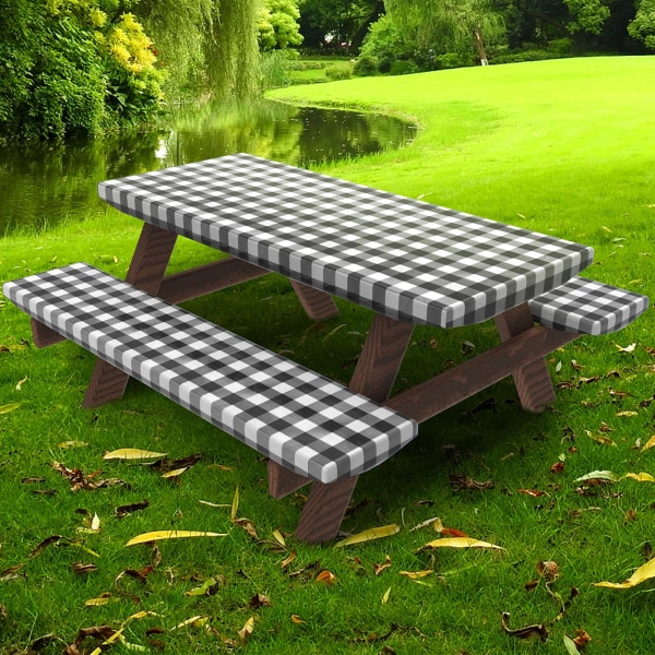 Cover med bänköverdrag Monterade bordskläder för 6-fots rektangulära bord (30x72 tum, 3 delar, svart pläd)