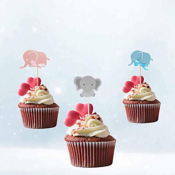 48 stk Elefantformede Kaketopper Papir Kakeplukker Cupcake Dekor Festartikler (12 stk Rosa + 12 stk Blå + 24 stk Grå Elefant) 6,5 cm x 5,5 cm 6.5cmX5.5cm