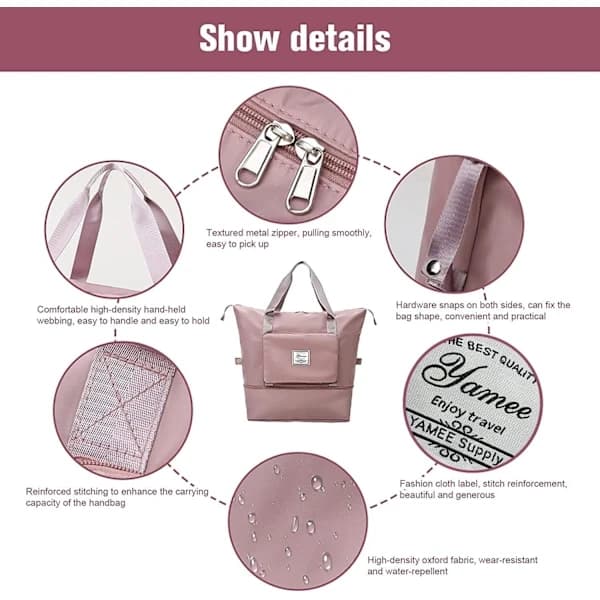 Large Foldable Travel Bag, Lightweight Waterproof Carry-on Bag with Fixed Strap - Pink
