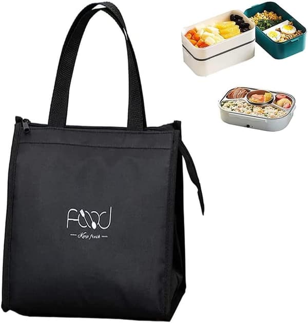 Reusable Insulated Lunch Bag, Lunch Bag for Work, Foldable Lunch Bag, Three Layers Thick Fabric, Black