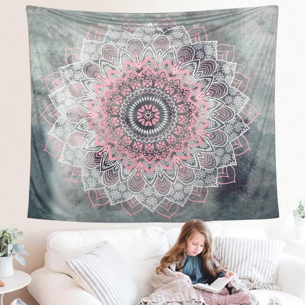 1. Mandala-seinävaate, harmaa ja vaaleanpunainen kukka, seinäkoriste, Intia