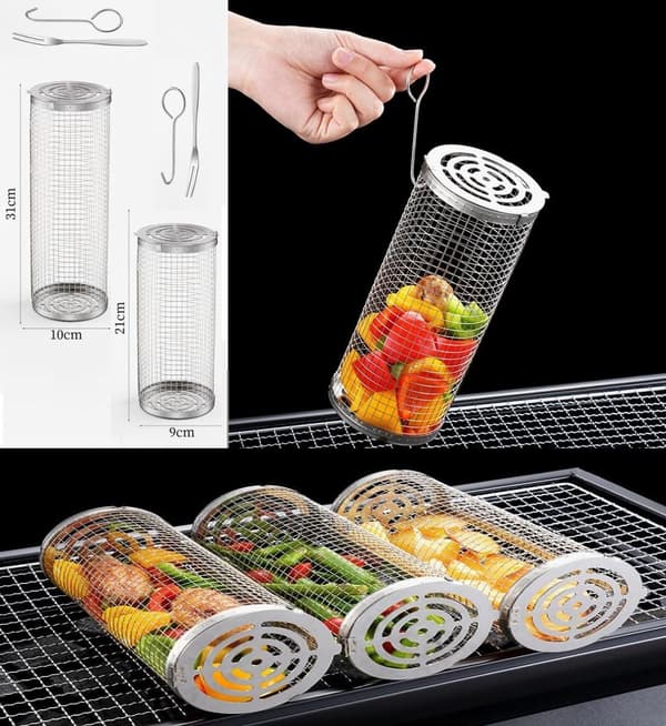 2-pack Grillkorg i rostfritt stål, 2 krokar och 2 gafflar. Rullgrill-FF-