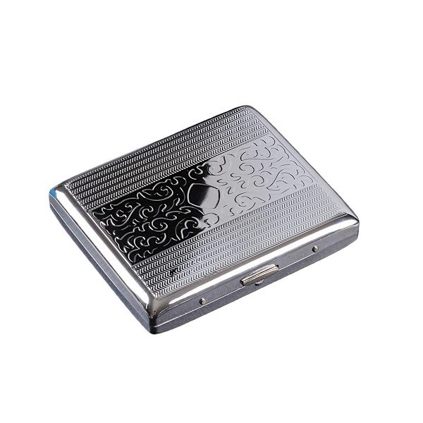 Silver-colored metal cigarette case with double-sided arabesque pattern - Holds 20 standard-sized cigarettes