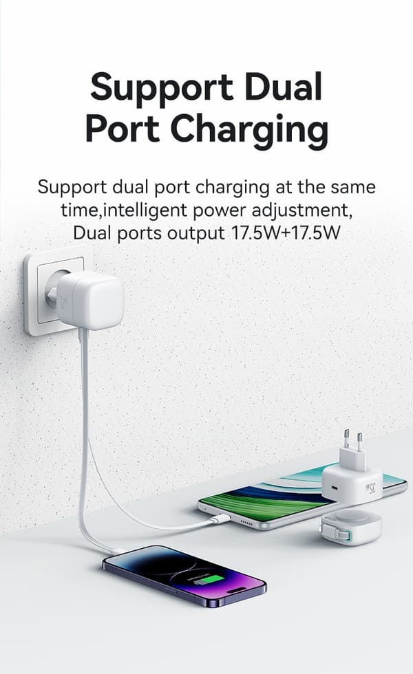 PD 35W Fast Charging Compatible with iPhone - Dual Port GaN Retractable White