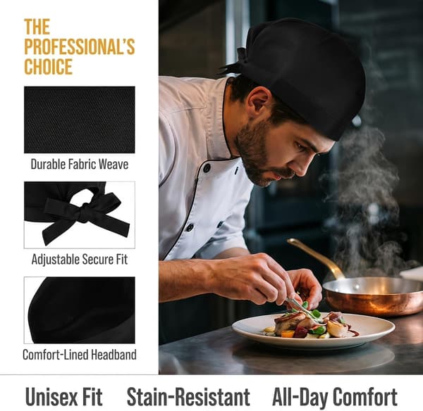 Sort kokkehue med bindebånd til mænd og kvinder i catering