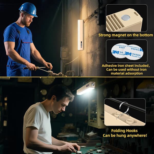 Magnetic Work Light, Rechargeable Magnetic Lamp with Hooks & USB Power Output, Battery-Powered Lamp for Mechanics/Workshop, Lamp Length 32 cm