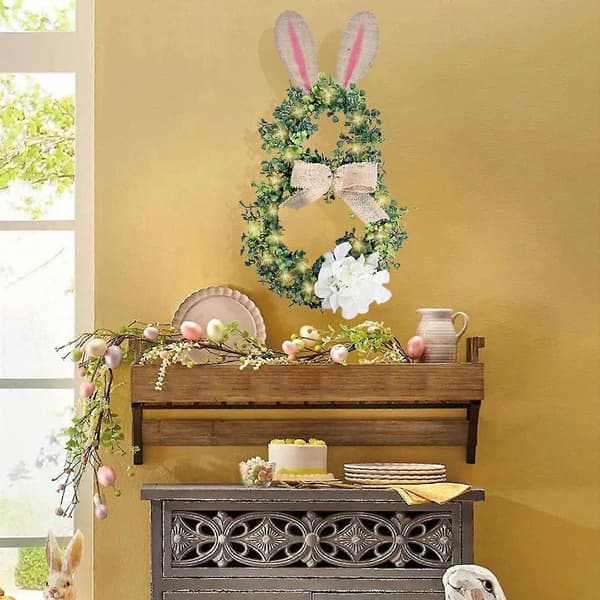 Easter Garland for Front Door Rabbit Shaped with LED Wreath Hydrangea Spring Easter Decoration