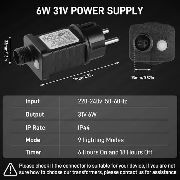Julebelysning, strømforsyning, transformer, 31V, 6W, LED lavspændingstransformer med 9 tilstande, timerfunktion, slukning, IP44 vandtæt, til